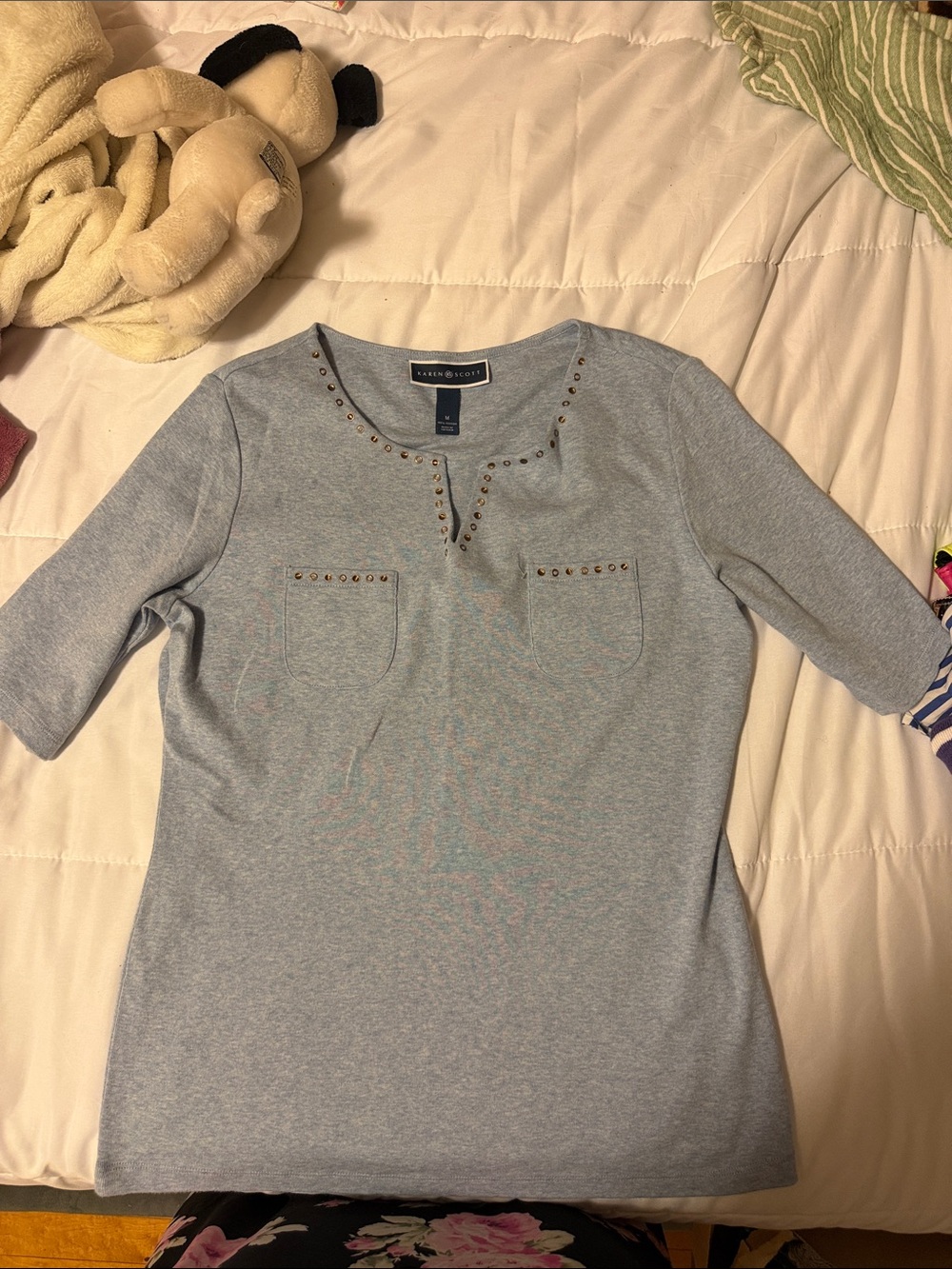 Karen Scott Pale Blue Stud-Accent Scoop Neck Short Sleeve Top #oldmoney